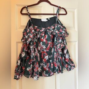 Tanya Taylor, SILK, strapy off shoulder long sleeve, floral, size 6
